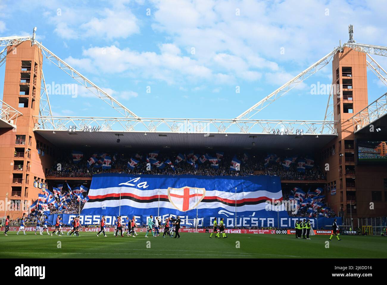 Genoa, Italy. 30 April 2022. Antonio Candreva of UC Sampdoria competes for  the ball with Pablo Galdames of Genoa CFC during the Serie A football match  between UC Sampdoria and Genoa CFC.