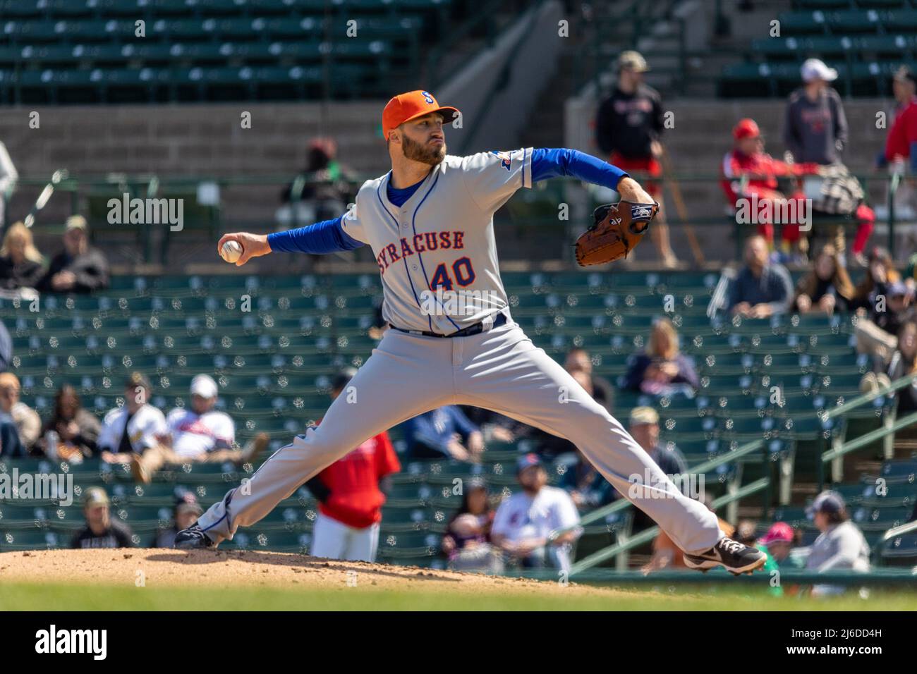 April 30, 2022: Syracuse Mets pitcher Tim Adleman (40) throws a pitch in a game against the Rochester Red Wings. The Rochester Red Wings hosted the Syracuse Mets in an International League game at Frontier Field in Rochester, New York. (Jonathan Tenca/CSM) Stock Photo