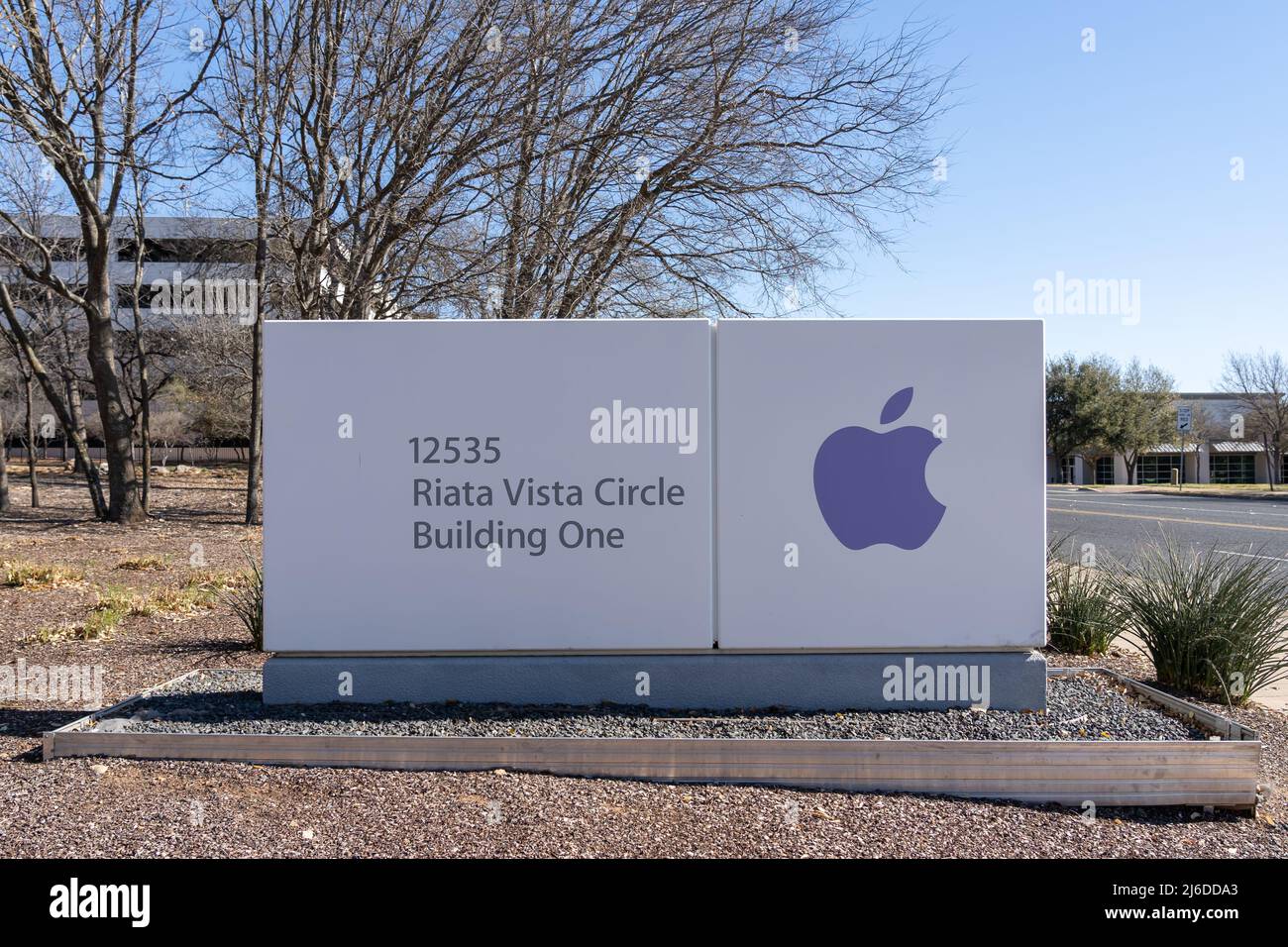 Austin, Texas, USA - March 18, 2022: A logo sign for Apple Inc. at its campus in Austin is seen on March 18, 2022. Stock Photo