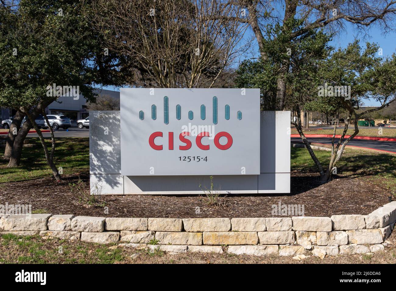 Austin, Texas, USA March 18, 2022 Closeup of Cisco logo sign at its