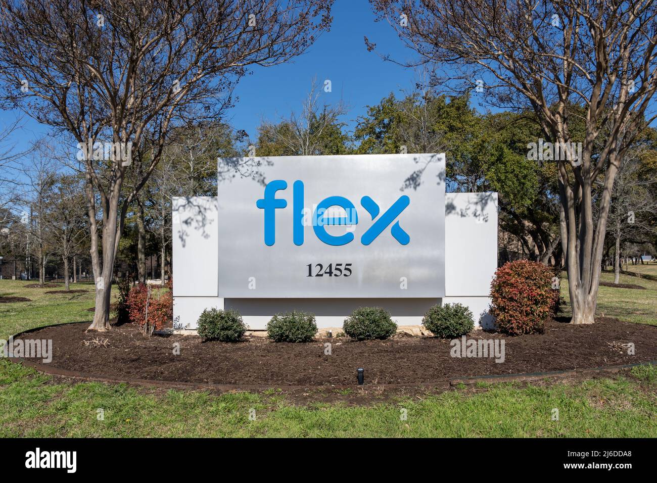 Austin,  Texas,  USA - March 18, 2022: Closeup of Flex logo sign at its office in Austin. Stock Photo