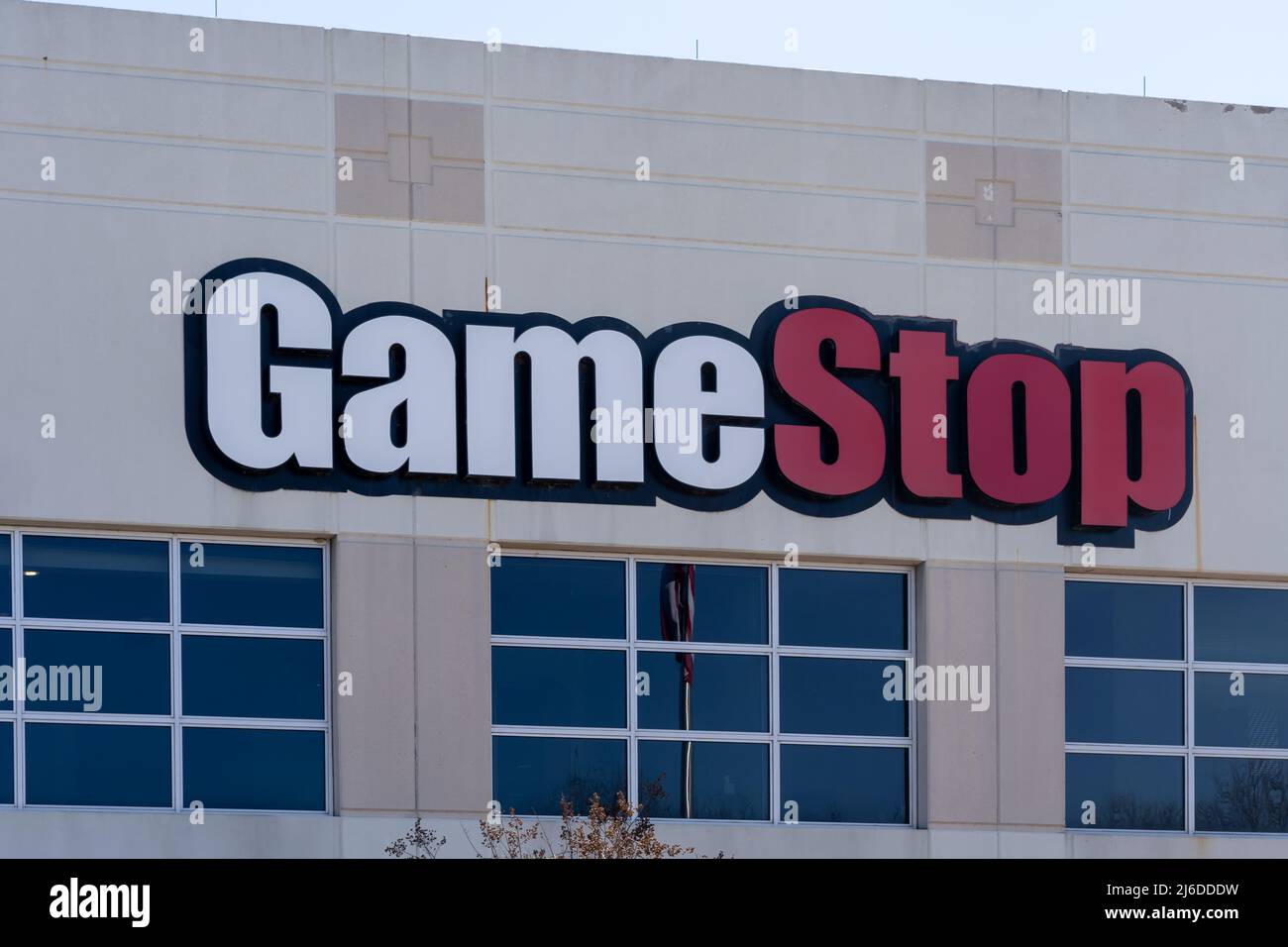 GameStop sign on the building at its headquarters in Grapevine, Texas. Stock Photo