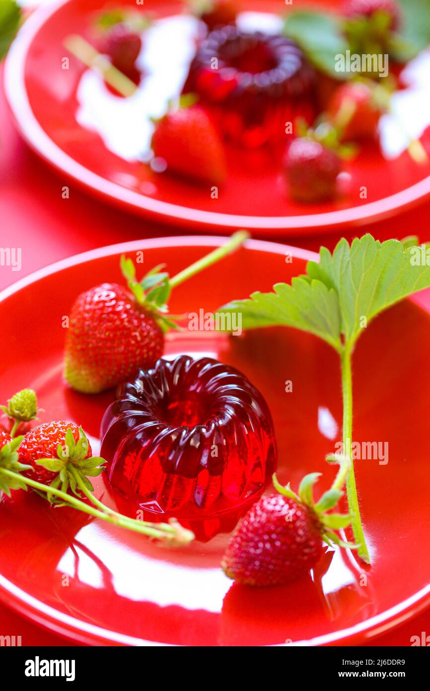 Strawberry jelly.Berry jelly.Low calorie diet dessert.Red jelly and