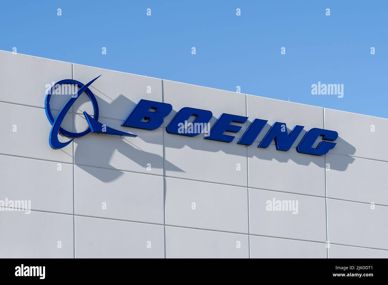 Irving, Texas, USA - March 20, 2022: Closeup of Boeing sign on the building in Irving, Texas, USA. Stock Photo