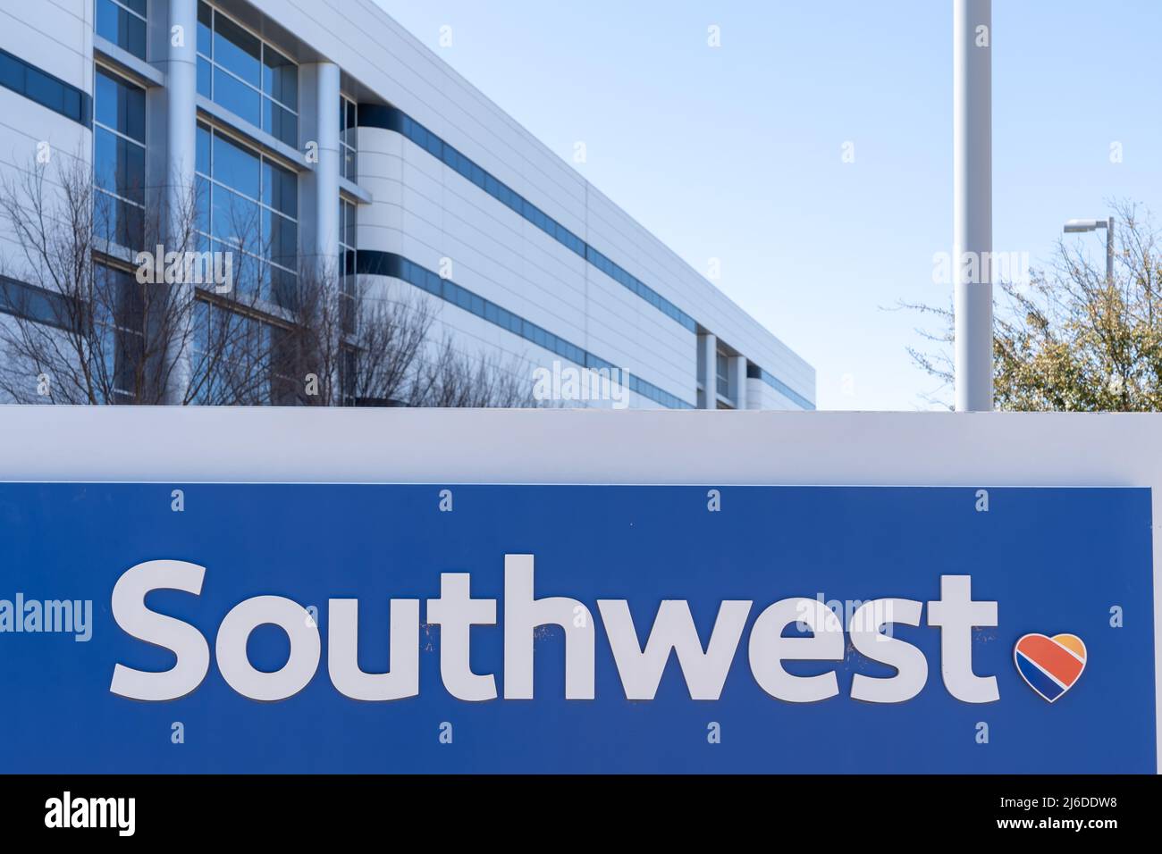 Dallas, TX, USA - March 20, 2022: Closeup of Southwest ground sign is seen at its headquarters in Dallas, Texas, USA. Stock Photo