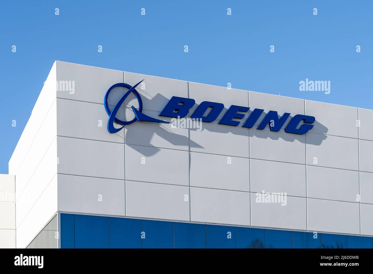 Irving, Texas, USA - March 20, 2022: Closeup of Boeing sign on the building in Irving, Texas, USA. Stock Photo