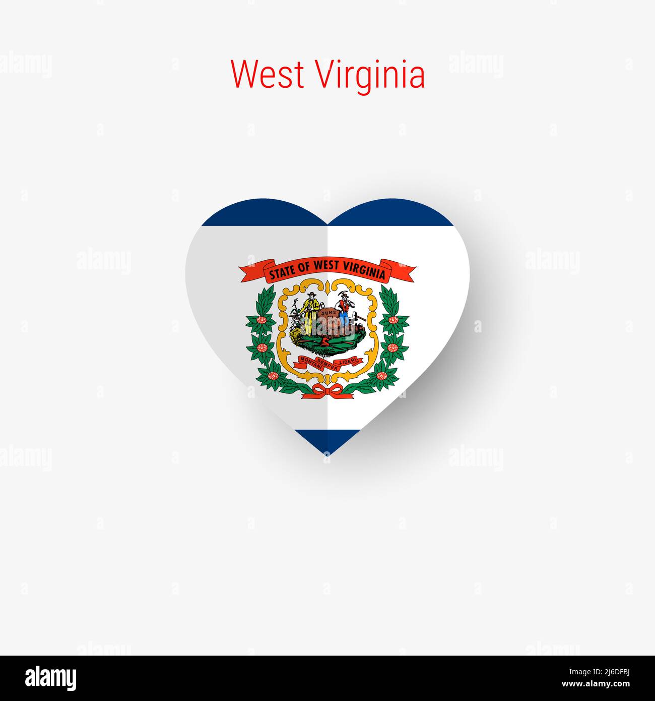 West Virginia US state heart shaped flag. Origami paper cut folded banner. 3D vector illustration isolated on white with soft shadow. Stock Vector