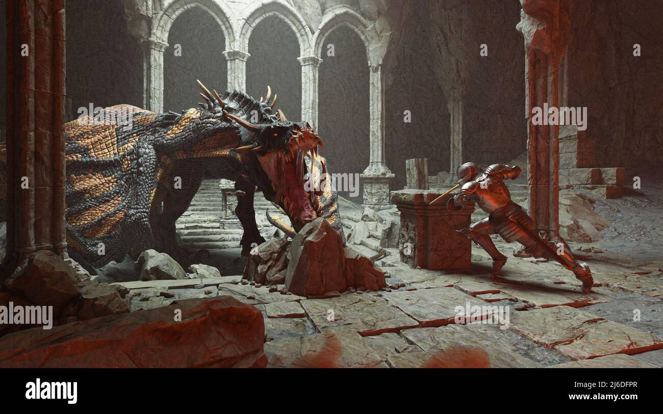 3D illustration fantasy battle scene with dragon attacking medieval ...