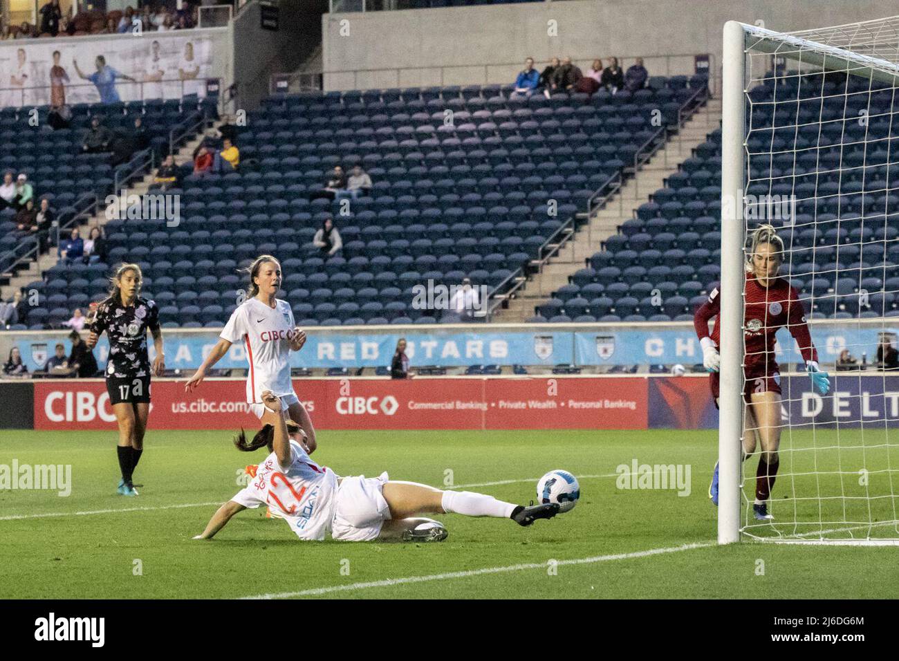 Bianca St-Georges 22 Chicago Red Stars) scores the second Chicago Red Strs goal during the gamel v Racing Louisville FC on Saturday April 30, 2022 at the Seat Geek stadium, Bridgeview, USA. (No commercial usage).  Shaina Benhiyoun/SPP Stock Photo