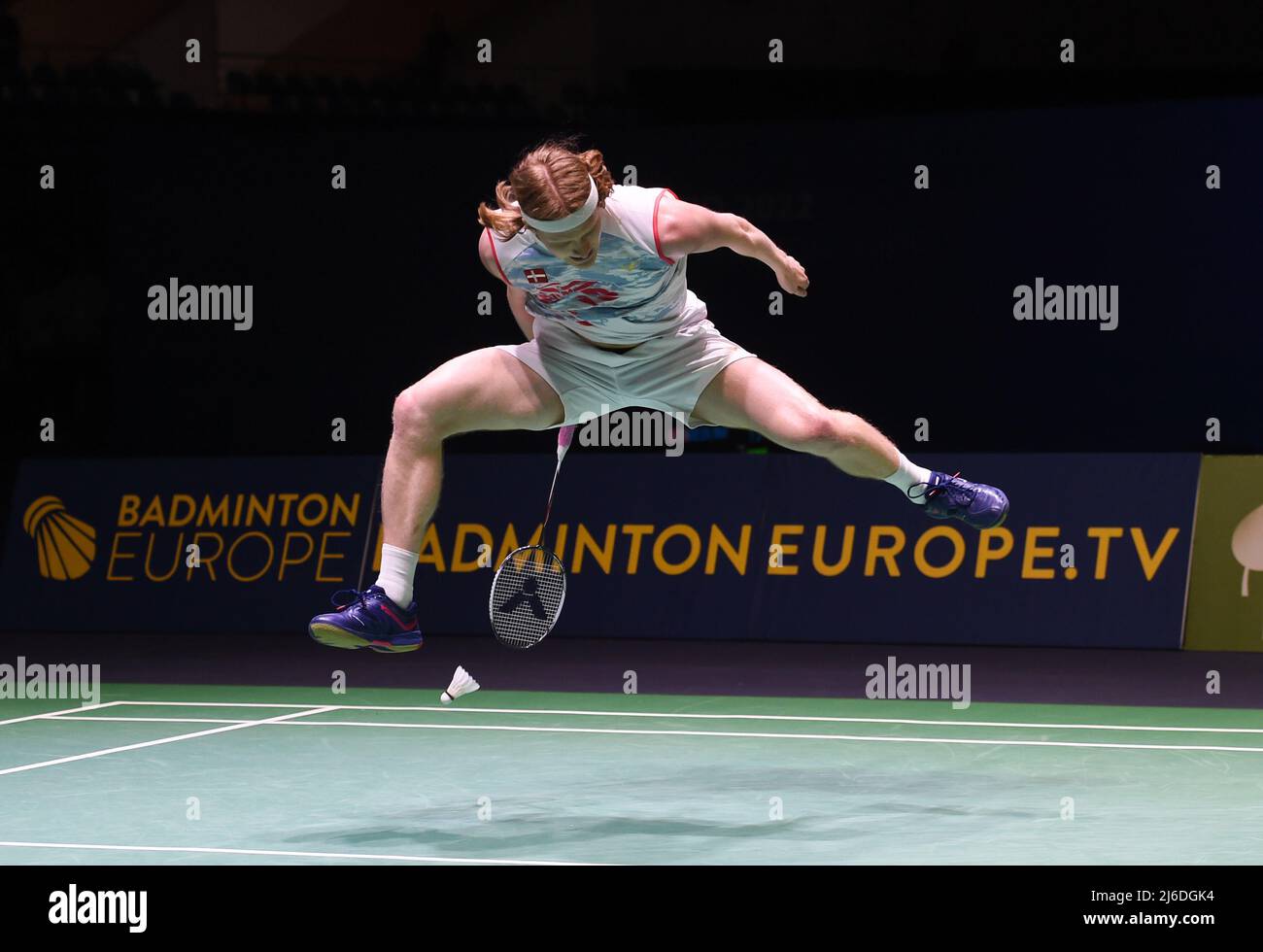220501) -- MADRID, May 1, 2022 (Xinhua) -- Anders Antonsen of Denmark competes during the mens singles final match against Victor Axelsen of Denmark at Badminton European Championships 2022 in Madrid, Spain,