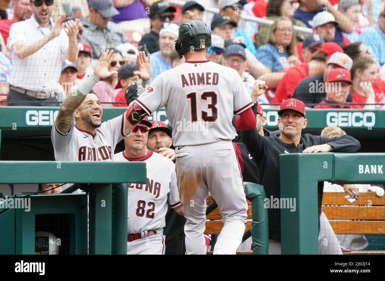 Arizona Diamondbacks Nick Ahmed  is welcomed into the dugout by coaches and teammates after hitting a solo home run in the eighth inning against the St. Louis Cardinals at Busch Stadium in St. Louis on Saturday, April 30, 2022. Arizona defeated St. Louis, 2-0. Photo by Bill Greenblatt/UPI Stock Photo