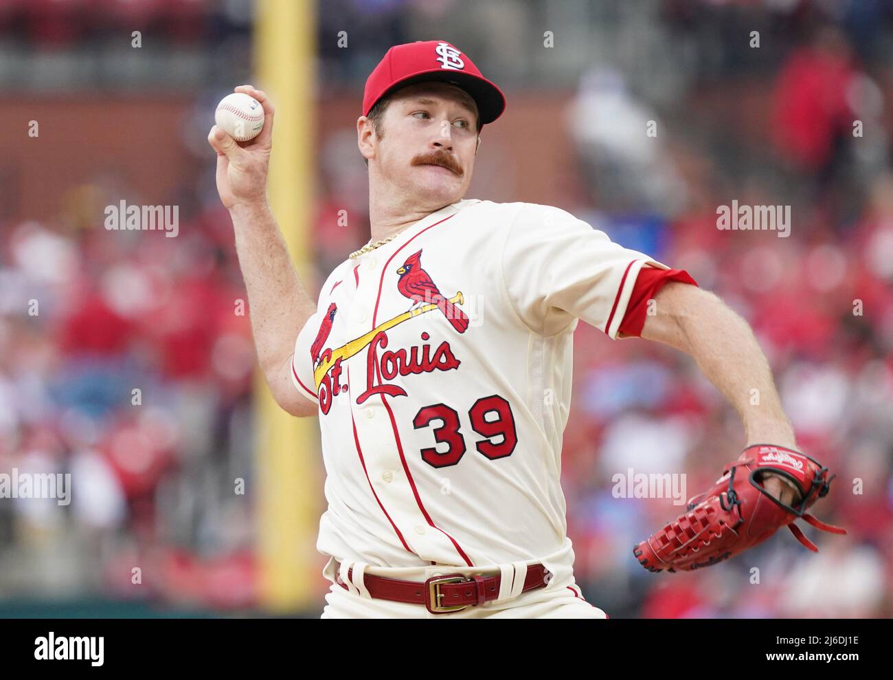 St. Louis Cardinals starting pitcher Miles Mikolas delivers a pitch to the Arizona Diamondbacks in the first inning at Busch Stadium in St. Louis on Saturday, April 30, 2022. Photo by Bill Greenblatt/UPI Stock Photo