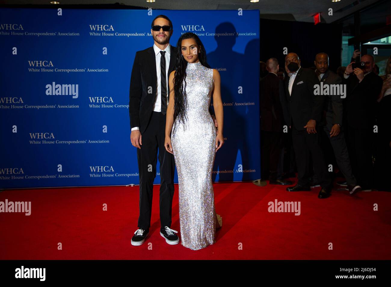 Pete Davidson, left, and Kim Kardashian arrive for the 2022 White House