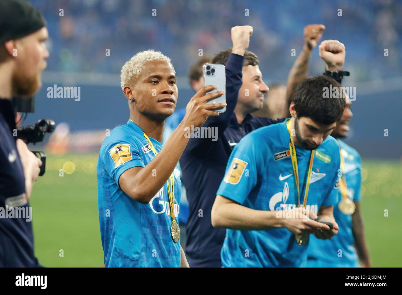 Wilmar Henrique Barrios Teran, commonly known as Wilmar Barrios (No.5) seen during the awarding ceremony of gold medals and the Cup of Champions of Russia to football players of the Zenit football club. Stock Photo