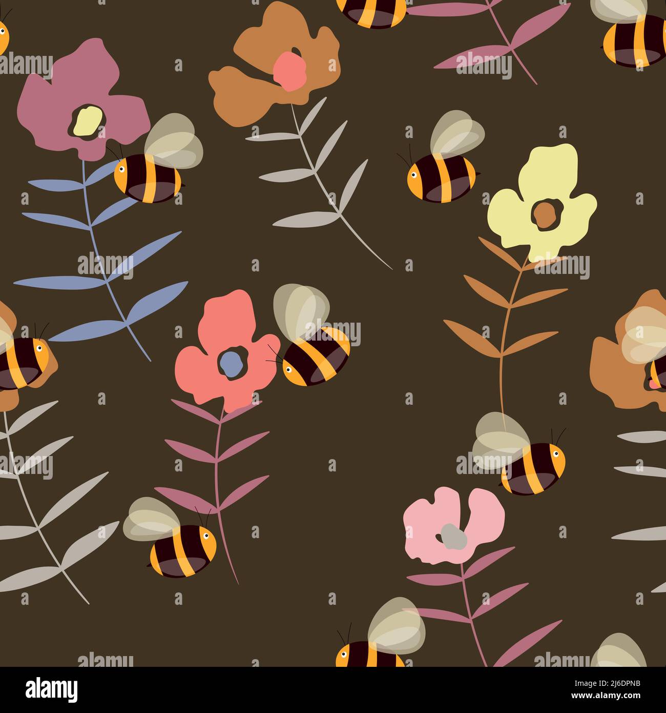 Seamless pattern with bees on floral background. Small wasp. Vector ...