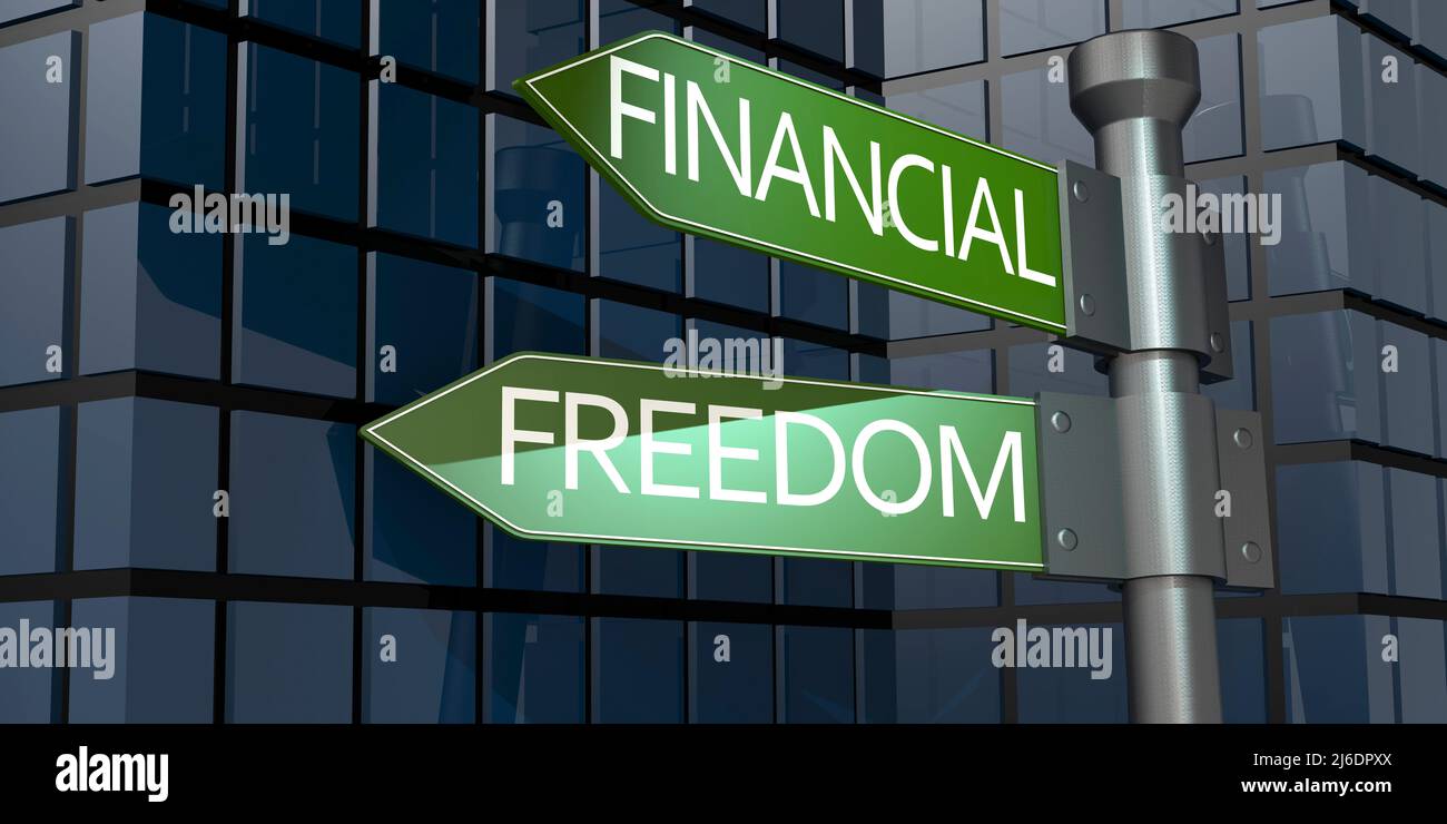 Financial freedom road sign with building facade, 3d rendering Stock Photo