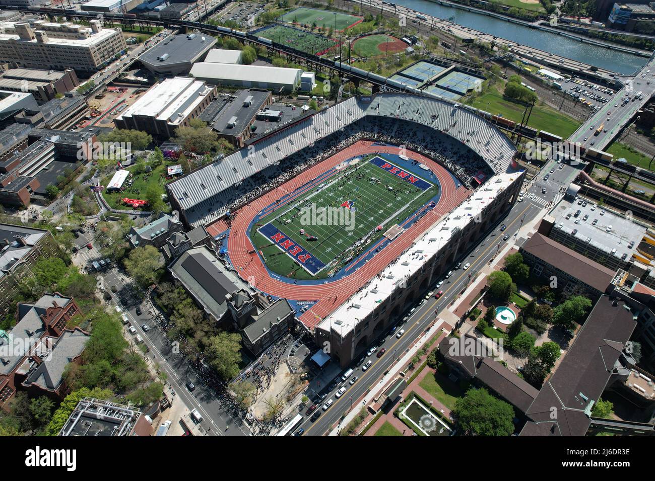 An aerial view of Franklin Field on the campus of the University of