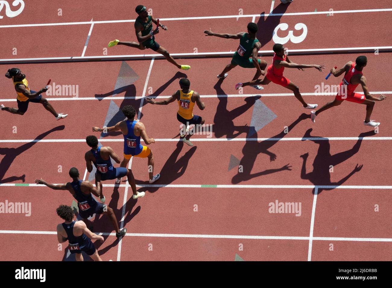 Runenrs handoff the baton in a Championship of America 4 x 400m relay