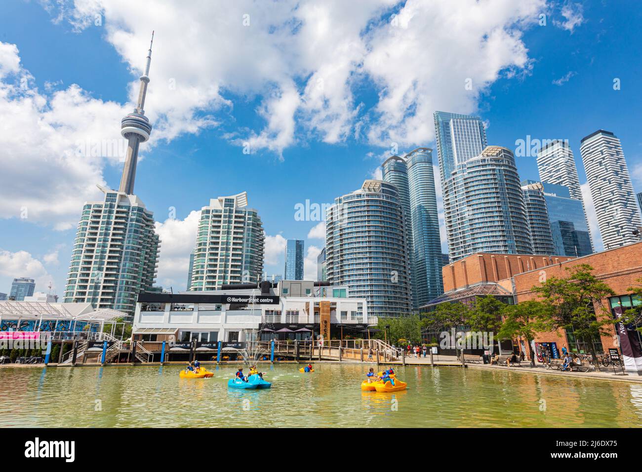 Toronto, Canada - August 26, 2021: City skyline from Toronto harbor with view to CN tower 
