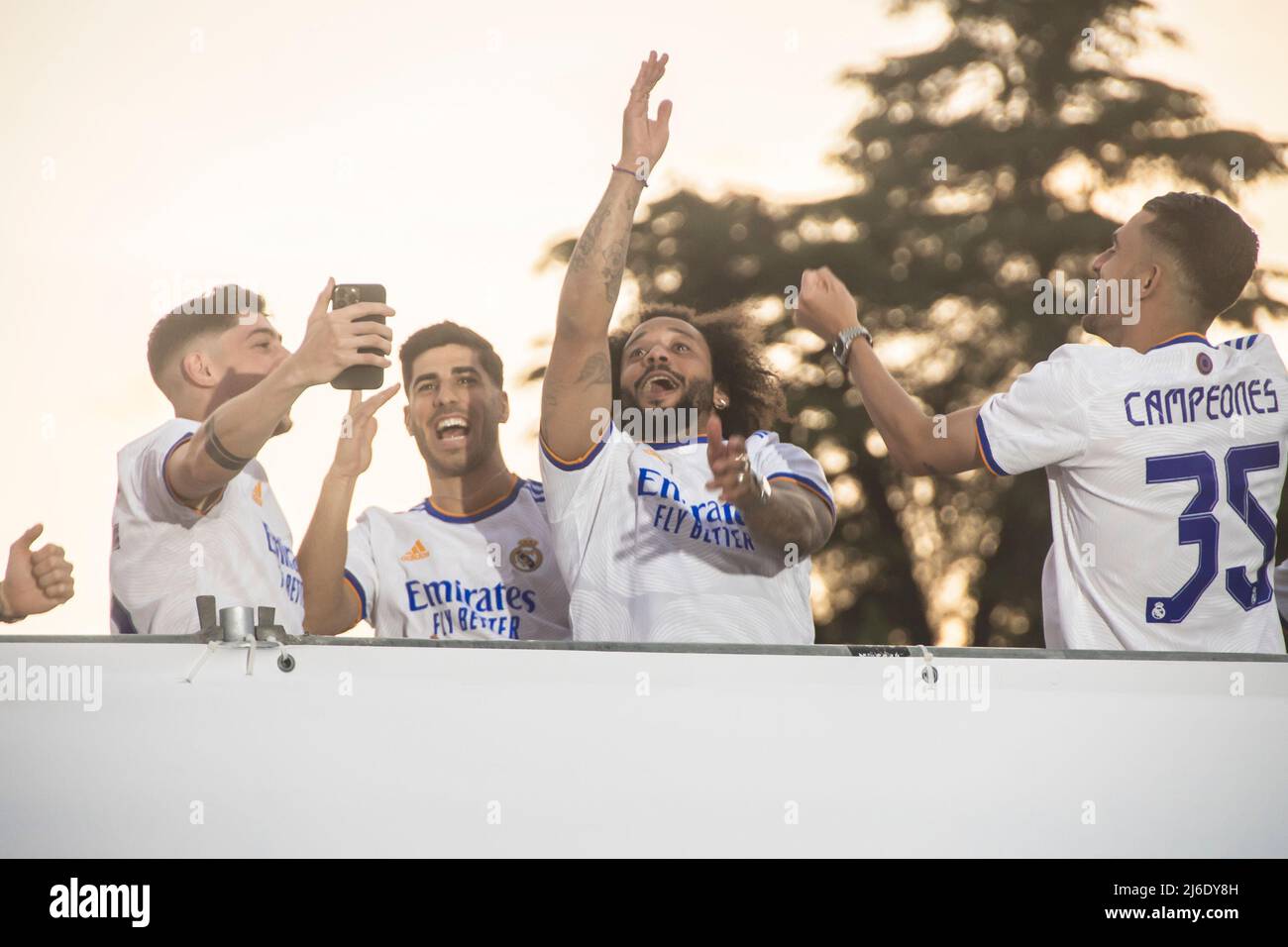 In the picture Marcelo, Real Madrid has been proclaimed champion of the League this Saturday after defeating Real Club Deportivo Espanyol by four goals to nil. The goals from Rodrygo, twice, Marco Asensio and Karim Benzema were enough to defeat the parakeet team and achieve the long-awaited domestic trophy. This is league number 35 in the history of the white team. Thus, the madridista team wins the fourth league title of the last decade and the second title of the year, which joins the Spanish Super Cup won in Arabia and which could be accompanied by the Champions League if it is able to come Stock Photo