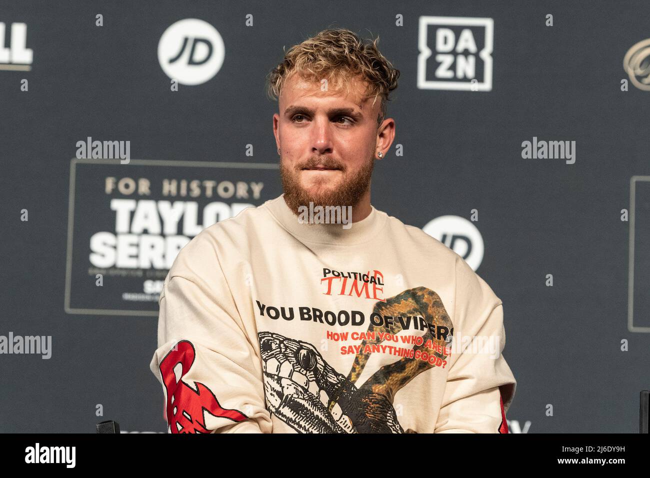Jake Paul speaks during Weigh-in ceremony leading to Katie Taylor and Amanda Serrano fight at Hulu Theater at MSG. This will be the first women's boxing fight to headline Madison Square Garden in history. (Photo by Lev Radin/Pacific Press) Stock Photo