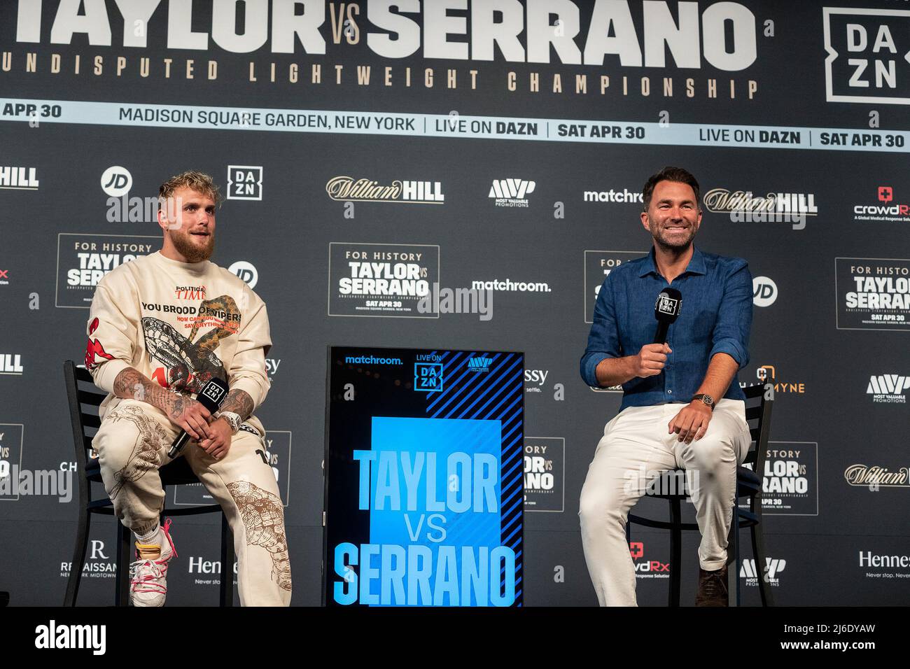 Jake Paul and Eddie Hearn speak during Weigh-in ceremony leading to Katie Taylor and Amanda Serrano fight at Hulu Theater at MSG. This will be the first women's boxing fight to headline Madison Square Garden in history (Photo by Lev Radin/Pacific Press) Stock Photo