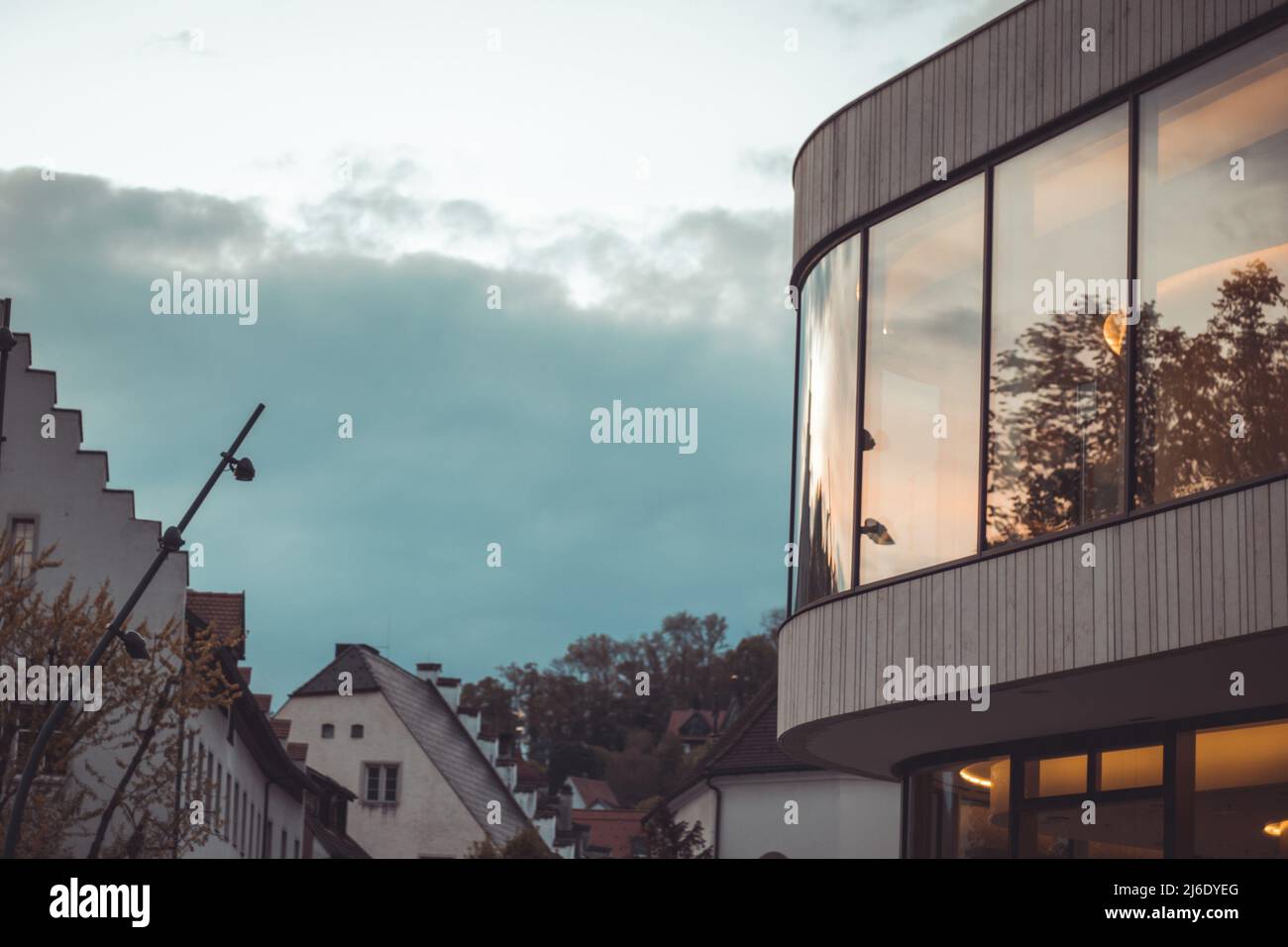 Modern and vintage buildings in Feldkirch, a western city in austria close to switzerland, in evening hours. Stock Photo