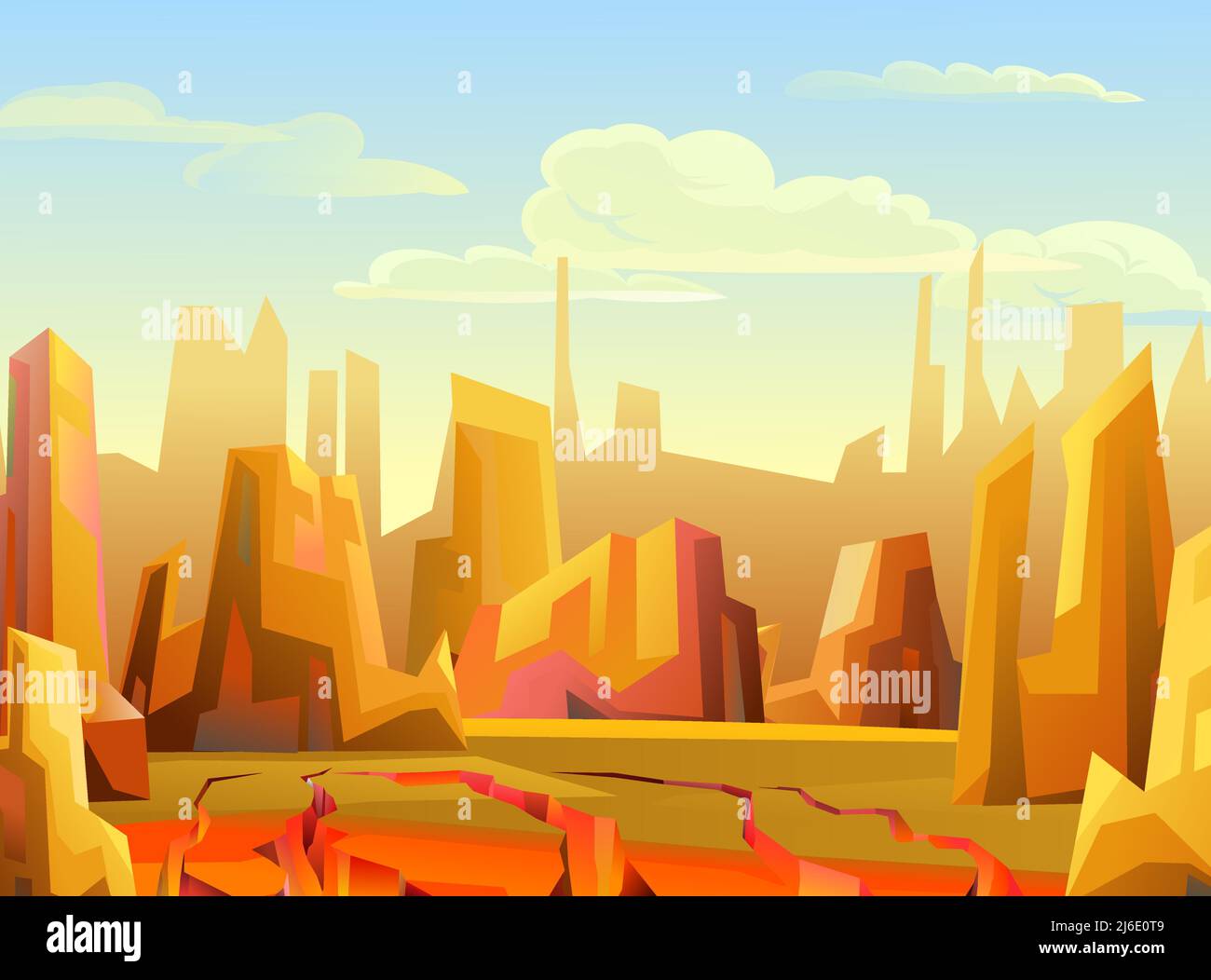 Rocky landscape. Cracks in earth crust. Sharp stone cliffs. Glowing volcanic lava. View of uninhabited planet. Desert during day. Vector. Stock Vector