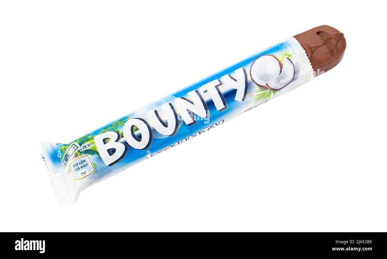 Ukraine, Kyiv - November 04, 2021: Bounty chocolate bar. Studio shot, isolated on white background. File contains clipping path. Stock Photo