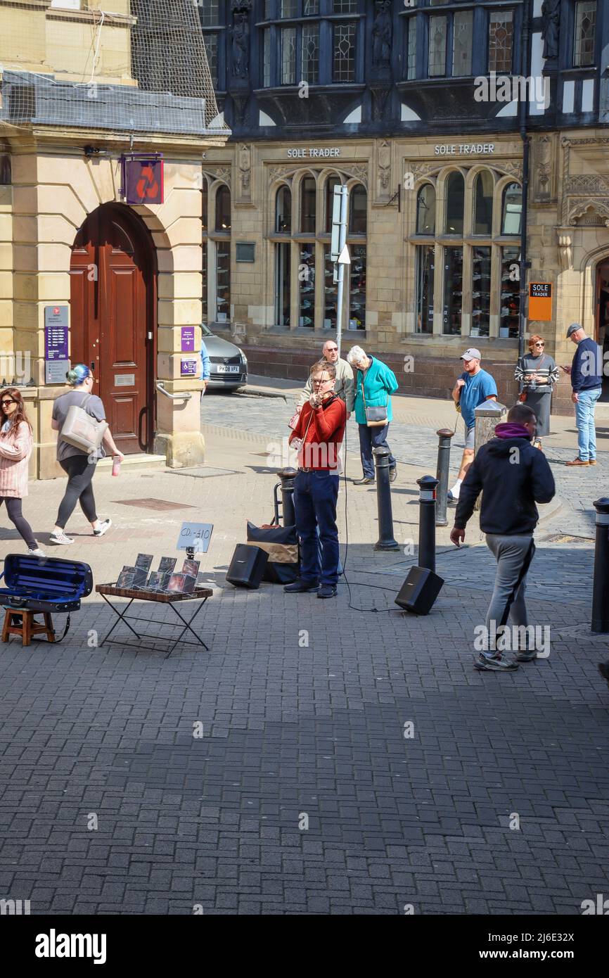 Man busking, Instrument player, Violin, Chester Stock Photo Alamy
