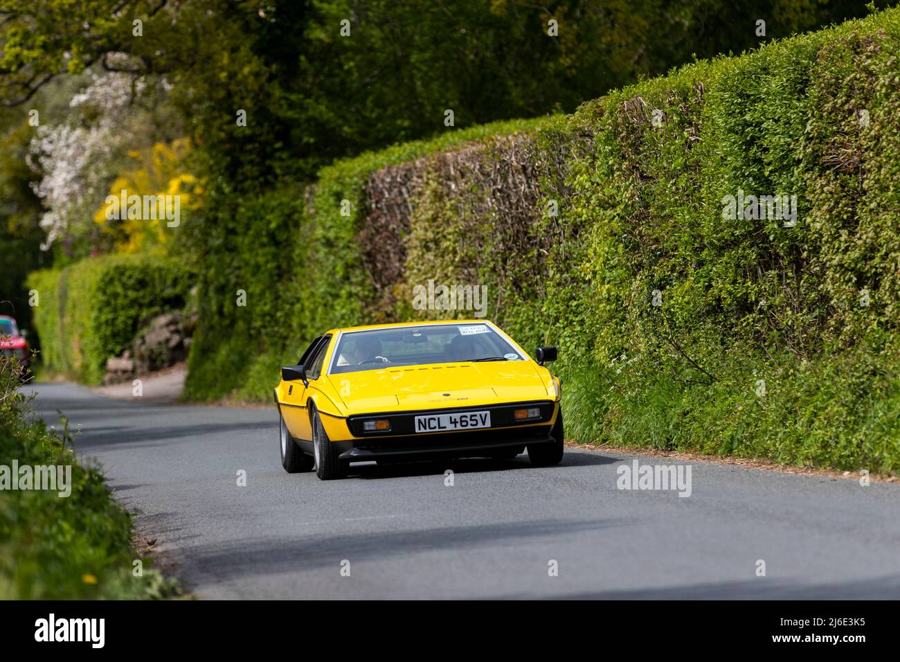 Various marques taking part in the classic cars springtime Rotary Club charity 'Wye Run' through Wales and the Wye Valley. Stock Photo