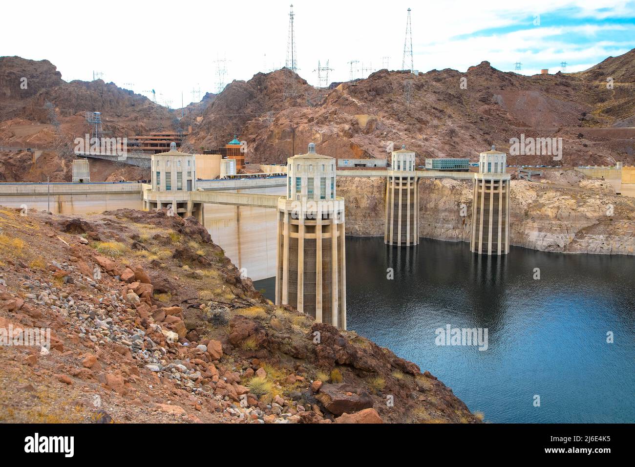 Penstocks, or water intake towers, in Lake Mead at Hoover Dam on the Colorado River near, Nevada. Arizona United States Stock Photo