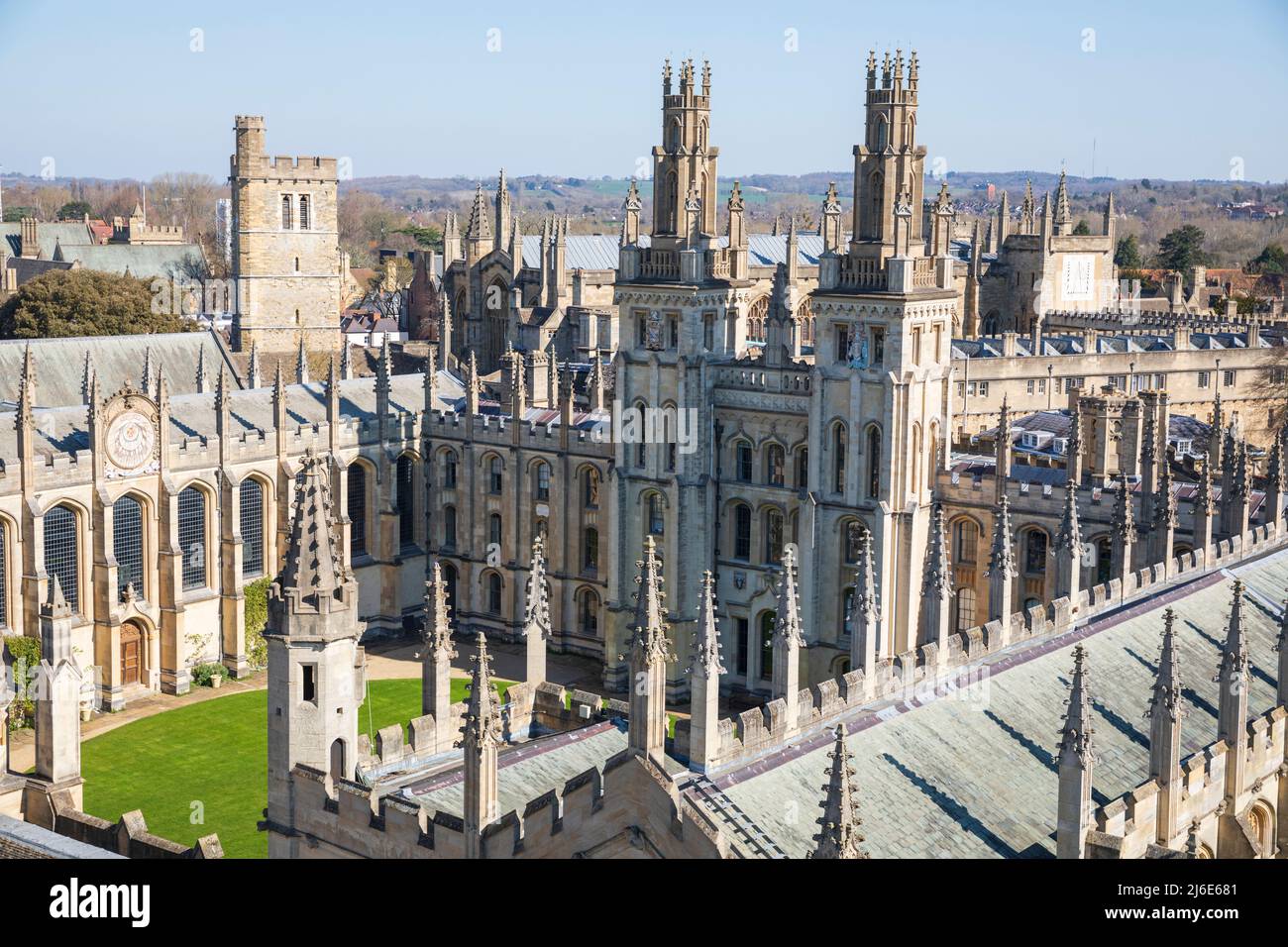All Souls College, Oxford, England, as seen from University Church of St Mary the Virgin. Stock Photo