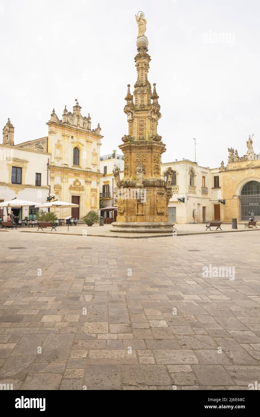 Column of Immaculate Conception's Spire, Piazza Antonino Salandra  (square) Nardo, Apulia (Puglia), Italy. The Piazza Antonino Salandra  (square) is s Stock Photo