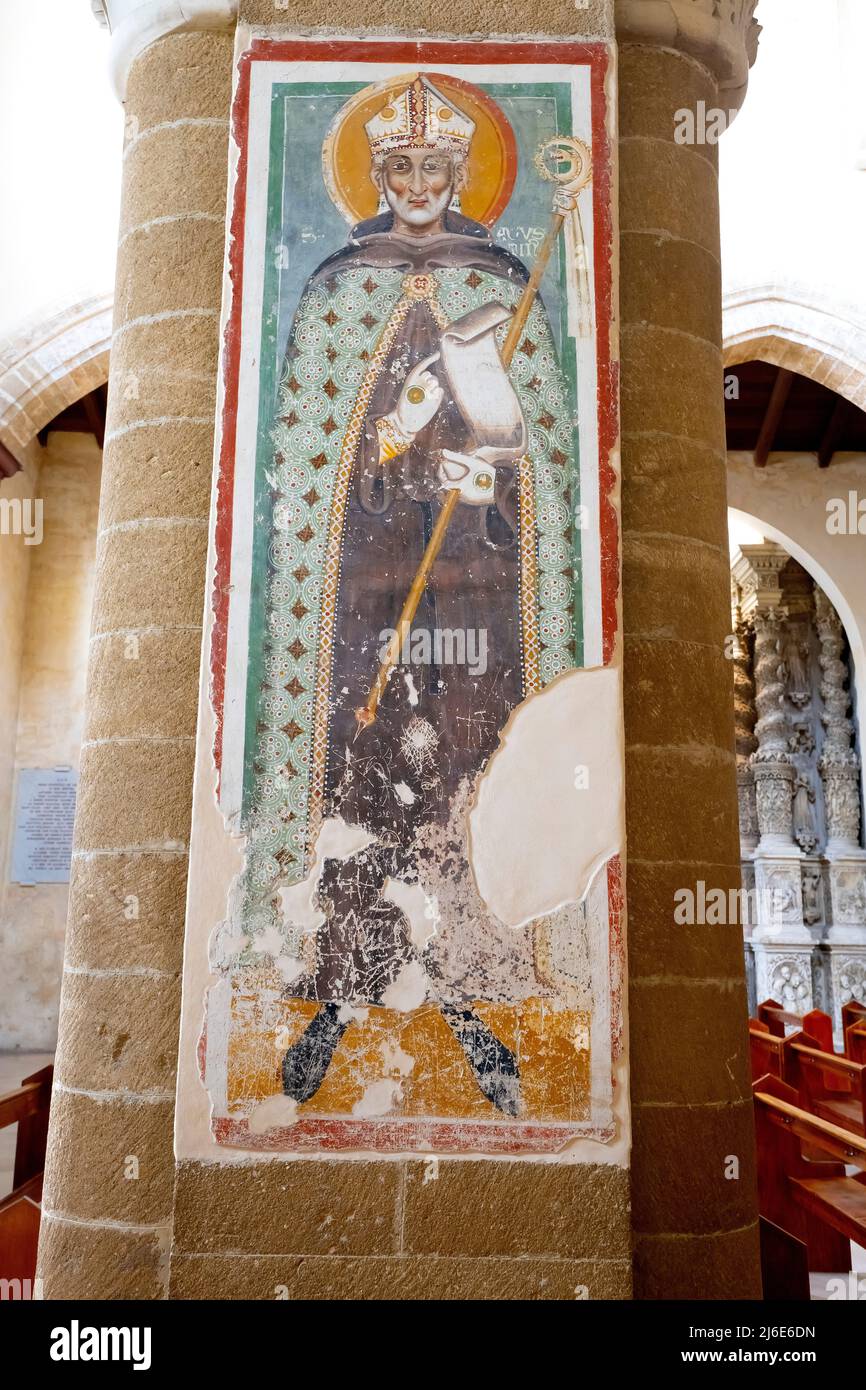 Fresco of St. Augustine. Cathedral Santa Maria Assunta of Nardò; Salento; Apulia, Italy. The present cathedral  probably stands on the site of a Byzan Stock Photo