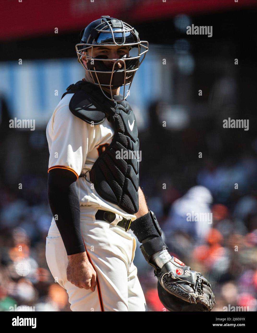 April 30 2022 San Francisco CA, U.S.A. San Francisco catcher Curt Casali (2) looks for a signal from the dugout during MLB game between the Washington Nationals and the San Francisco Giants. Giants won 9-3 at Oracle Park San Francisco Calif. Thurman James / CSM Stock Photo