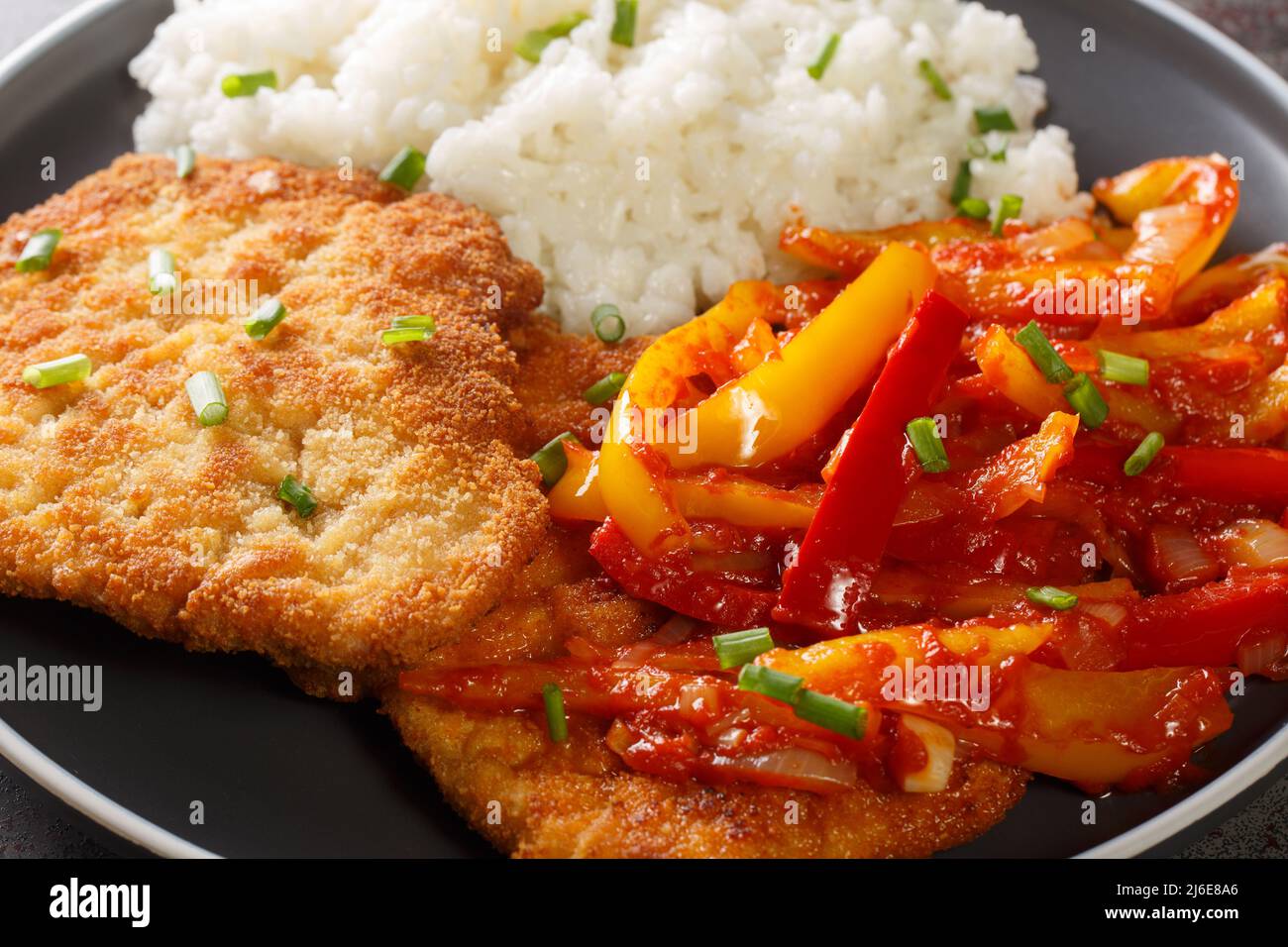 Closeup of delicious fried breaded meat Gypsy Schnitzel with spicy pepper sauce served with rice