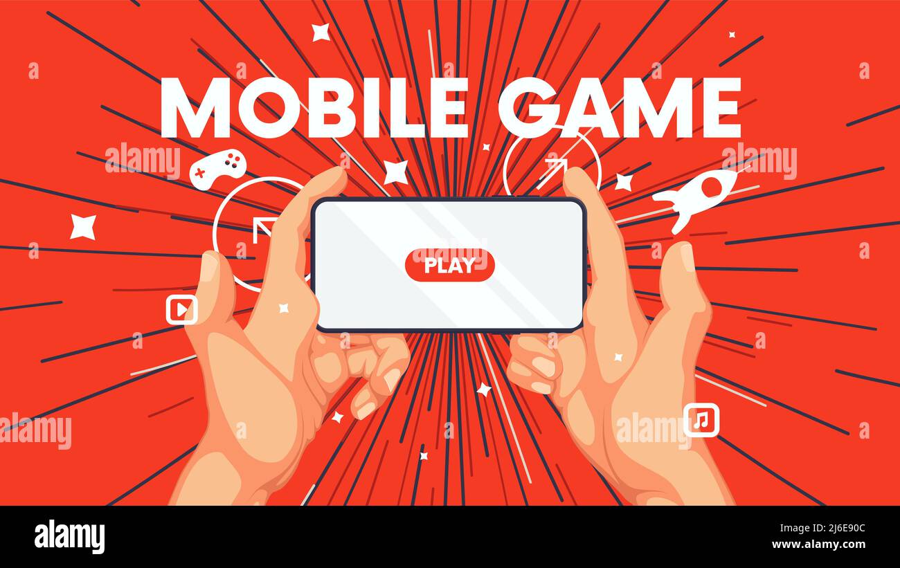 Business background with human hand and phone, playing video games on smartphone, mobile application vector concept marketing Stock Vector