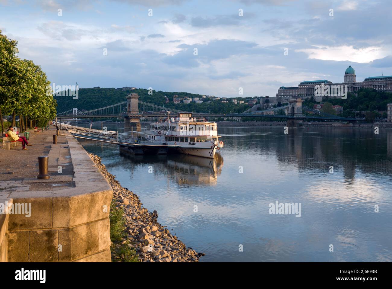 Budapest riverfront featuring a boat Stock Photo
