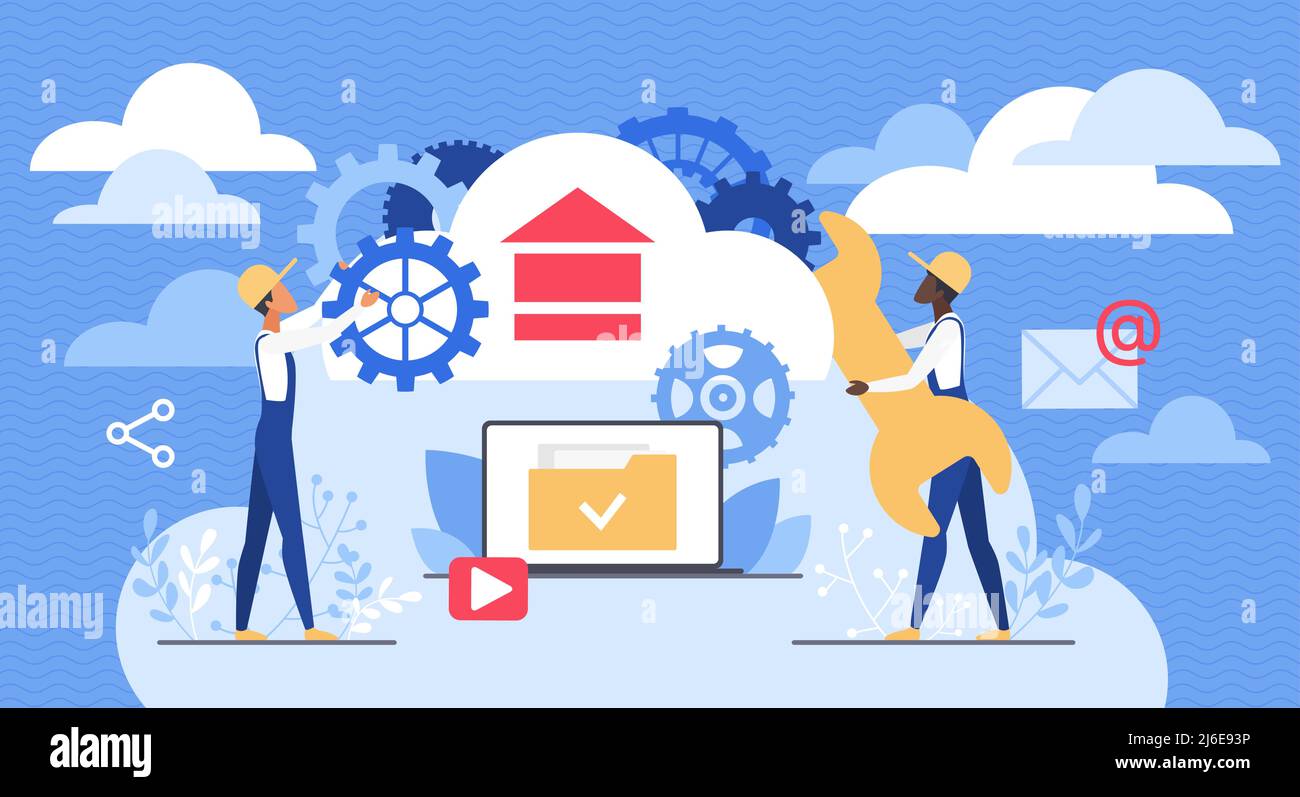Cloud service, data storage. Tiny tech team of admins engineers with tools to connect web infrastructure, database server and network support flat vector illustration. Online cloud, software concept Stock Vector