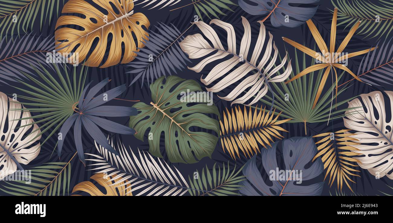 Seamless multicolored pattern with exotic tropical plants, monstera leaves and palm trees, Exotic botany composition in trendy contemporary collage st Stock Vector