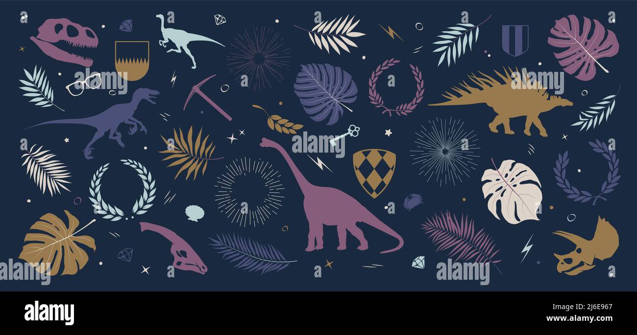 Collection colored silhouettes of dinosaurs, sun rays and wreaths, shields, tropical leaves and plants, composition from vector illustrations on dark Stock Vector