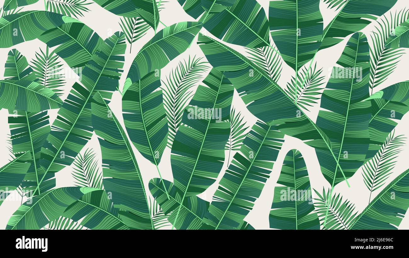 Seamless pattern with bright green leaves of banana palm and tropical plants on a light background, trendy exotic vector composition Stock Vector