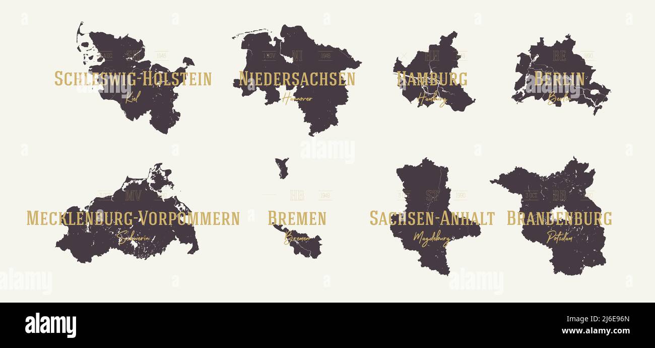 Set 1 of 2 Highly detailed maps vector silhouettes states of Germany with names and capital Stock Vector