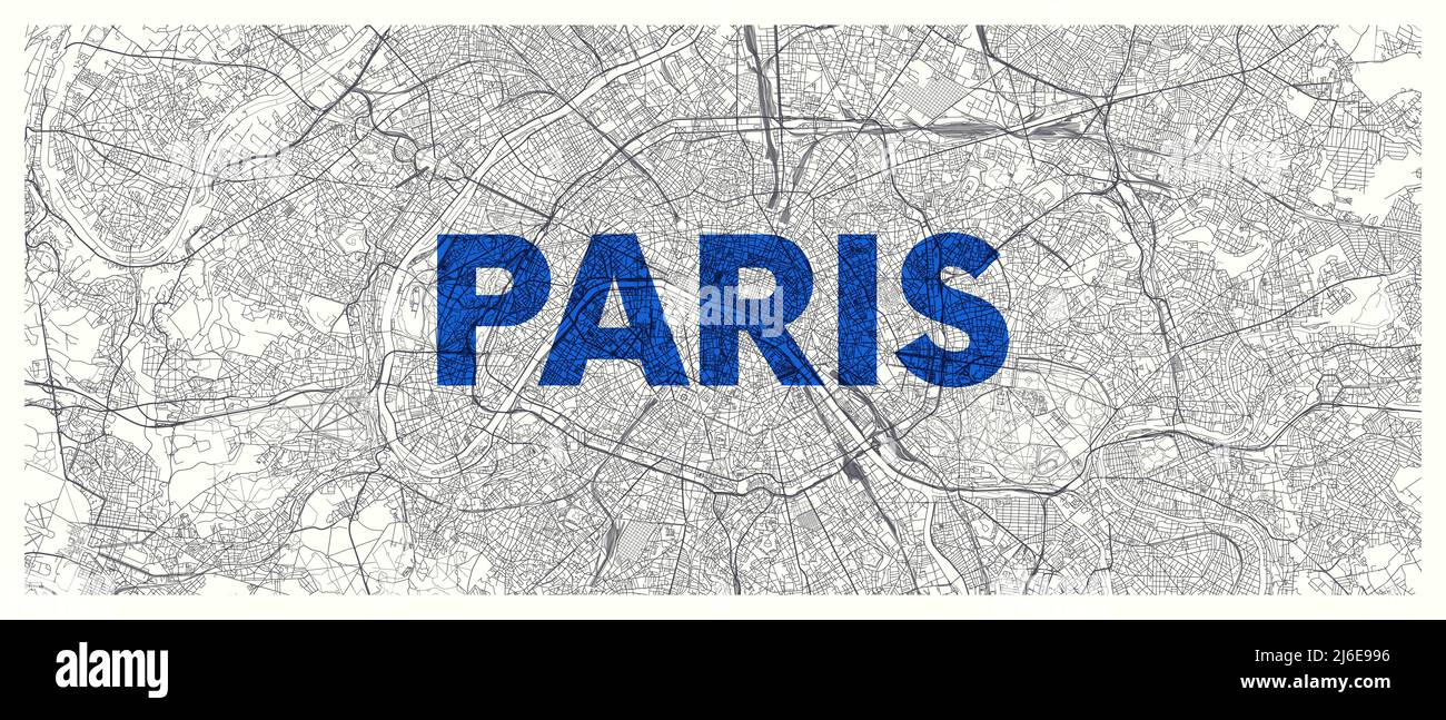 City map Paris, detailed road plan widescreen vector poster Stock Vector