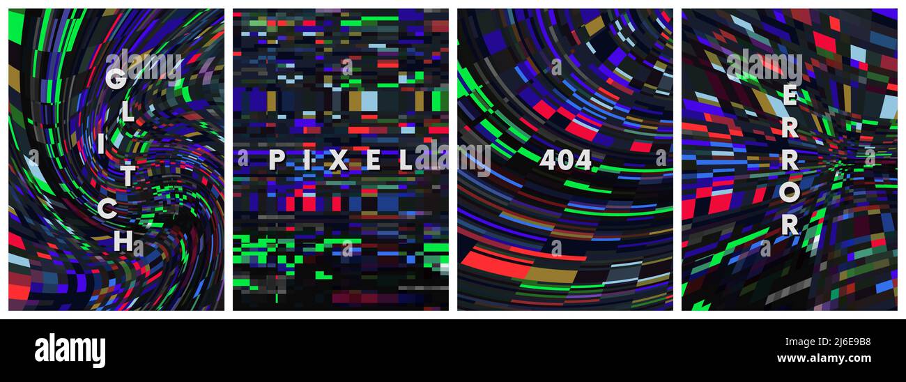 Set of bright vector abstract backgrounds, distortion of many square shapes, glitch effect Stock Vector