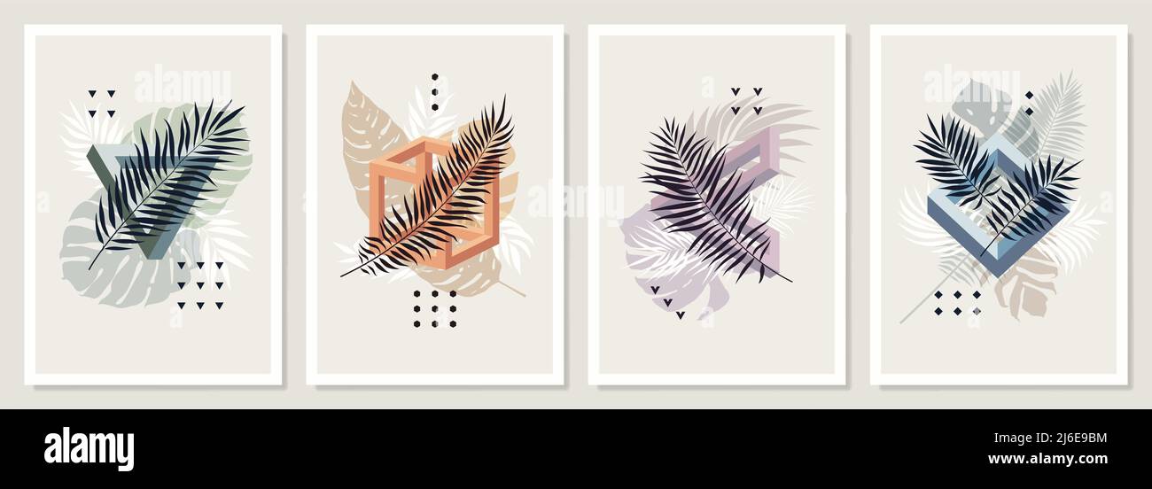 Collection of vector posters with impossible geometric shapes, tropical leaves and plants, Abstract summer contemporary banners, wall art, cover desig Stock Vector