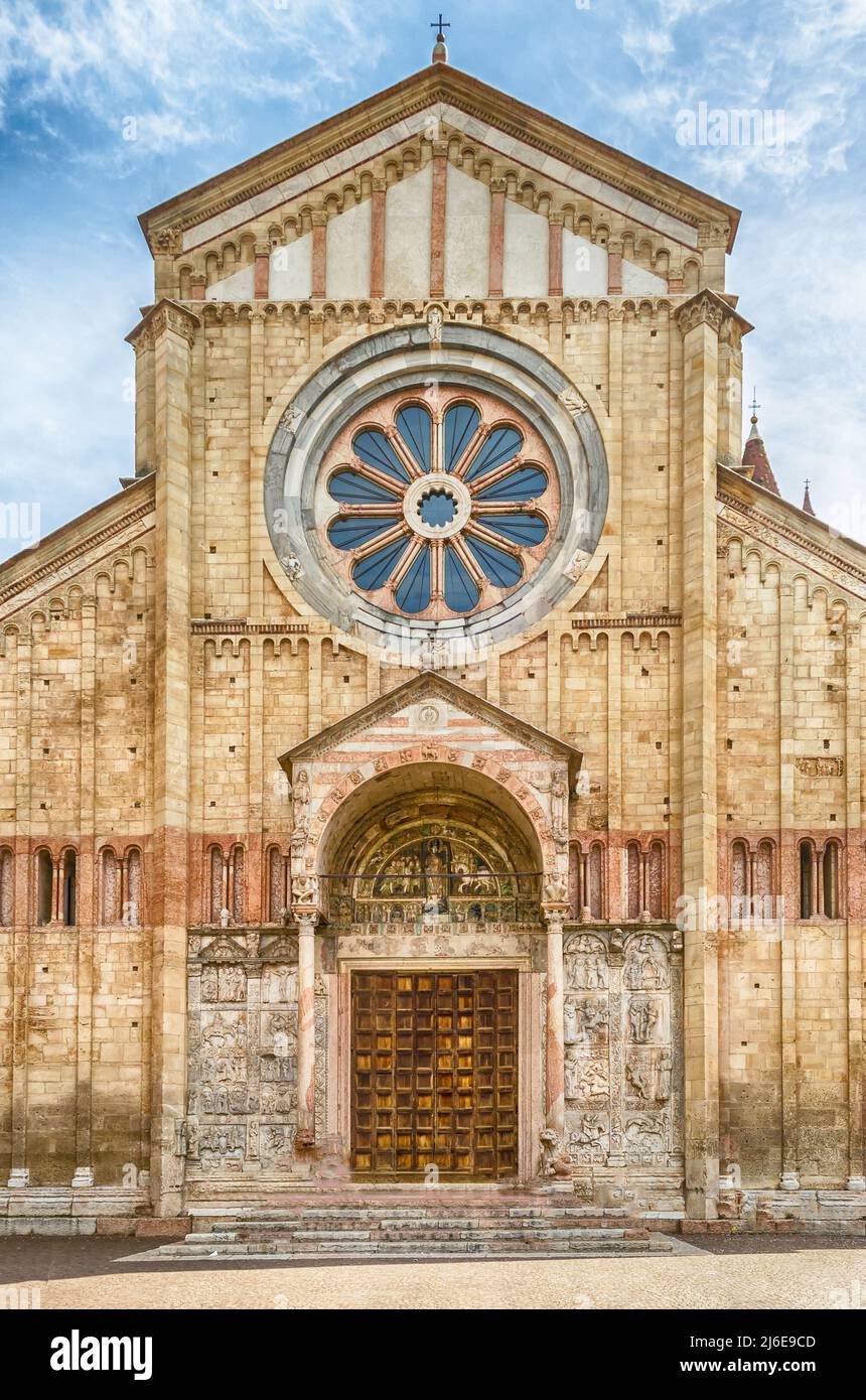 Facade of San Zeno Cathedral, iconic landmark in Verona, Italy Stock