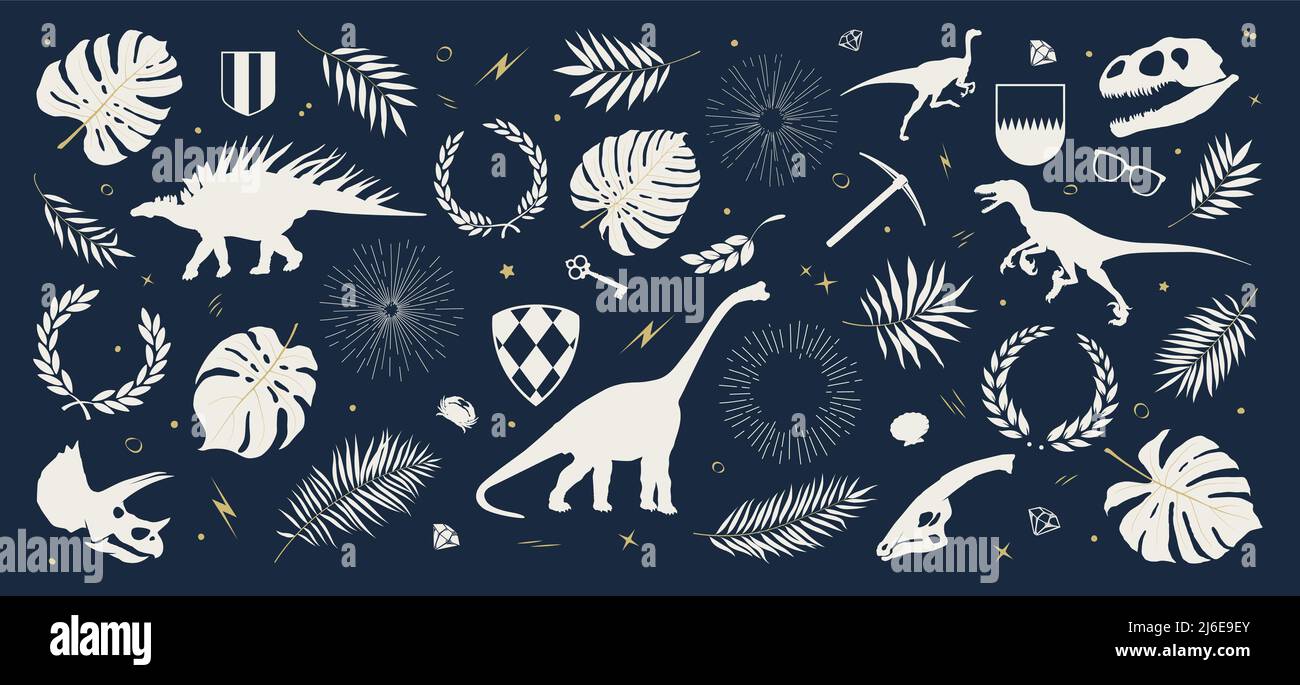 Collection of dinosaur silhouettes, shields, tropical leaves and plants, sun rays and wreaths, other decorative elements, composition from vector illu Stock Vector