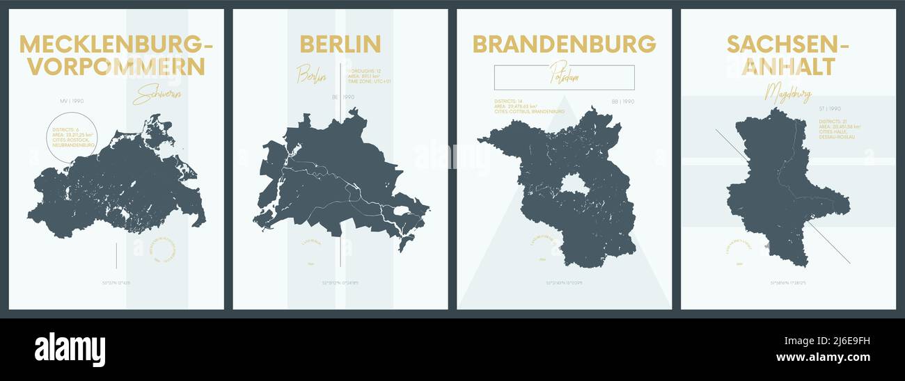 Vector posters with highly detailed silhouettes maps states of Germany - Mecklenburg-Vorpommern, Berlin, Brandenburg, Sachsen-Anhalt - set 2 of 4 Stock Vector